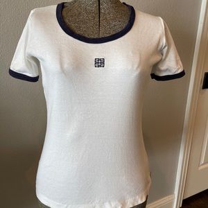 GIVENCHY | Vintage 1970s Logo Tshirt | Sz. S | White w/ Navy Trim | EXCELLENT